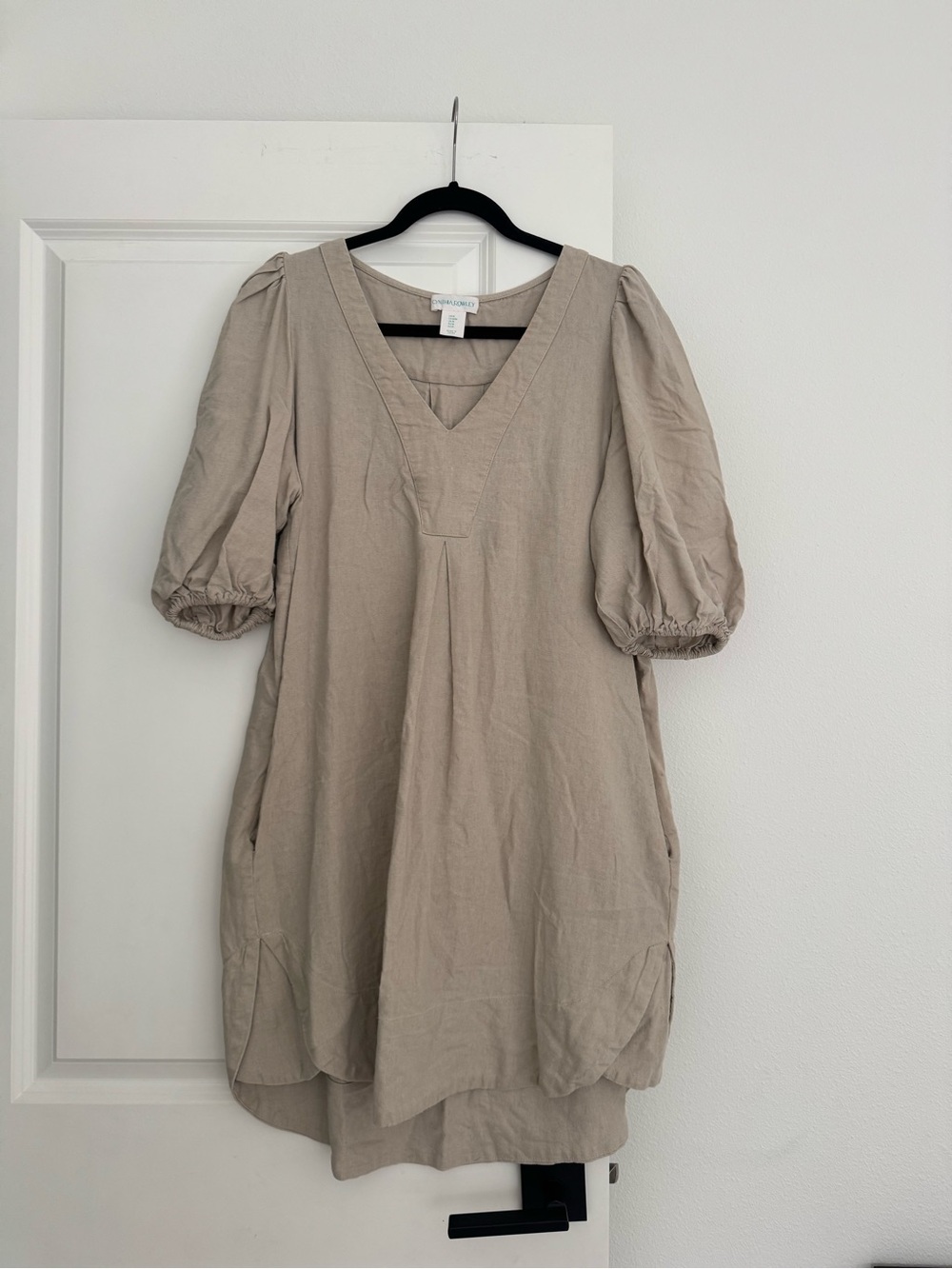 Cynthia Rowley women’s beige neutral linen blend puff sleeve dress size MEDIUM